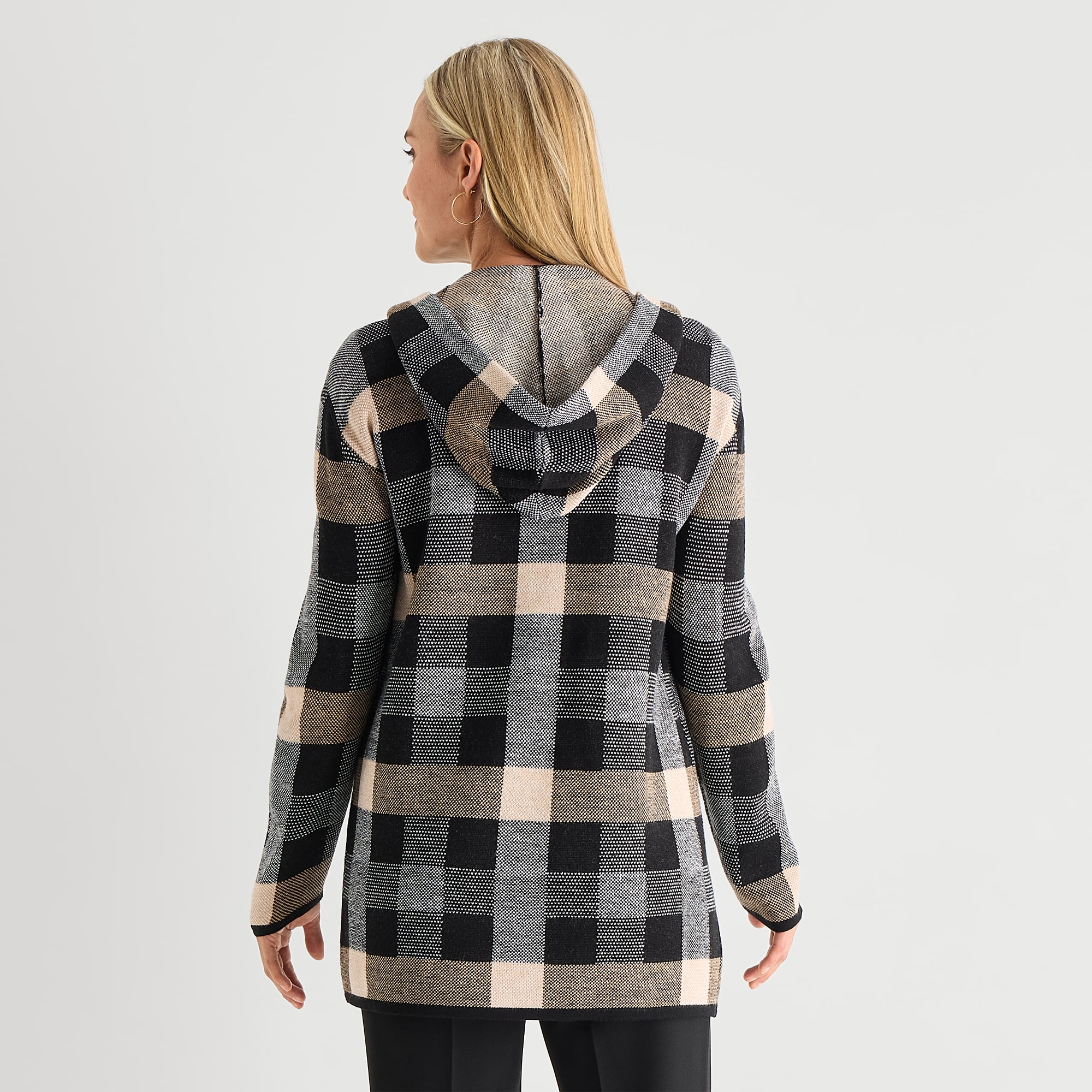 Black Label by Evan-Picone Womens Hooded Long Sleeve Open Front Plaid Cardigan