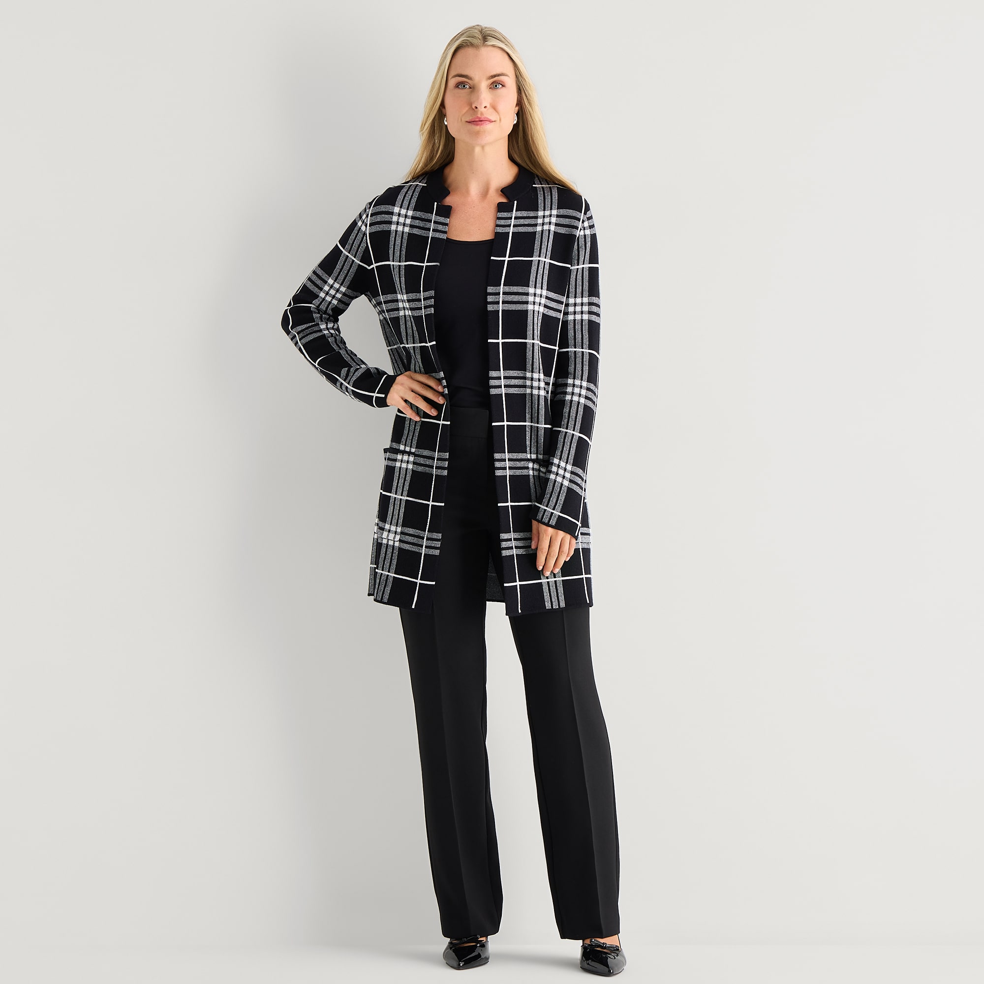 Black Label by Evan-Picone Womens Notch Neck Long Sleeve Open Front Petite Windowpane Cardigan