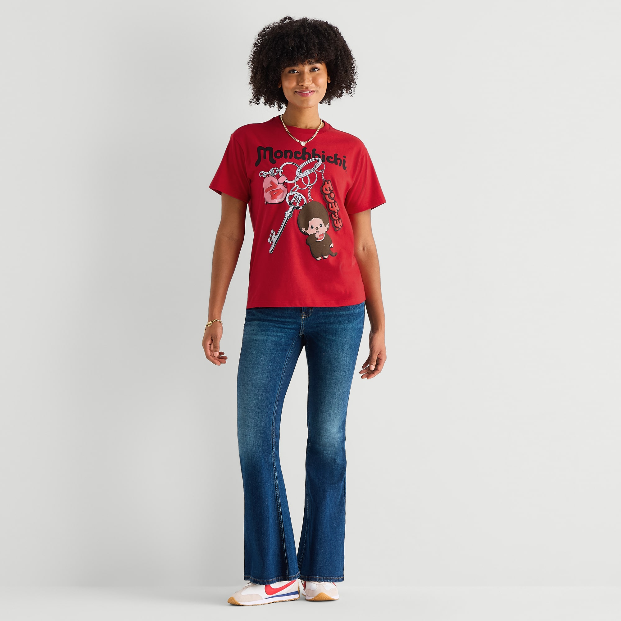 New World Monchichi Boyfriend Tee Womens Juniors Round Neck Short Sleeve Regular Fit Graphic T-Shirt