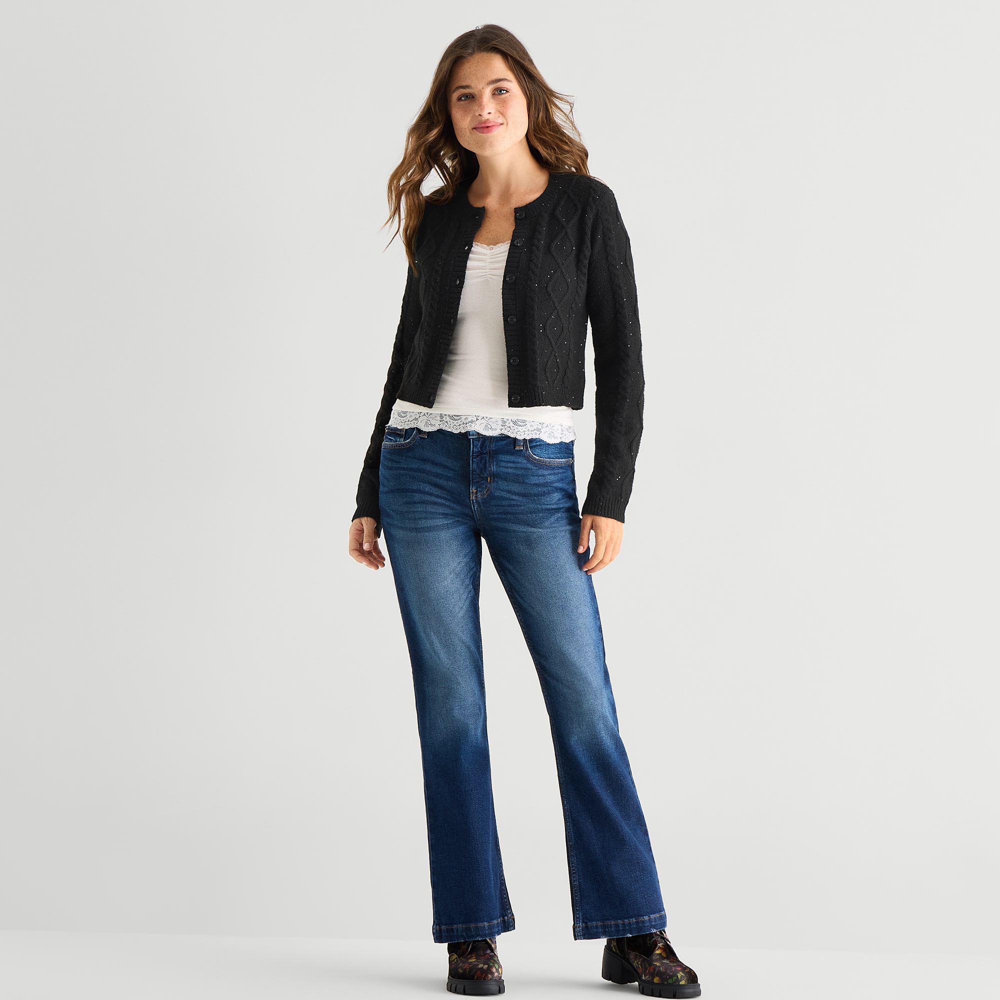 Arizona Womens Juniors Crew Neck Long Sleeve Button Cardigan