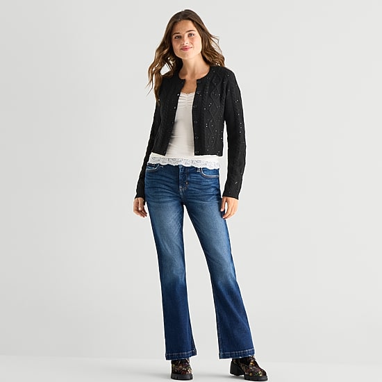 Arizona Womens Juniors Crew Neck Long Sleeve Button Cardigan