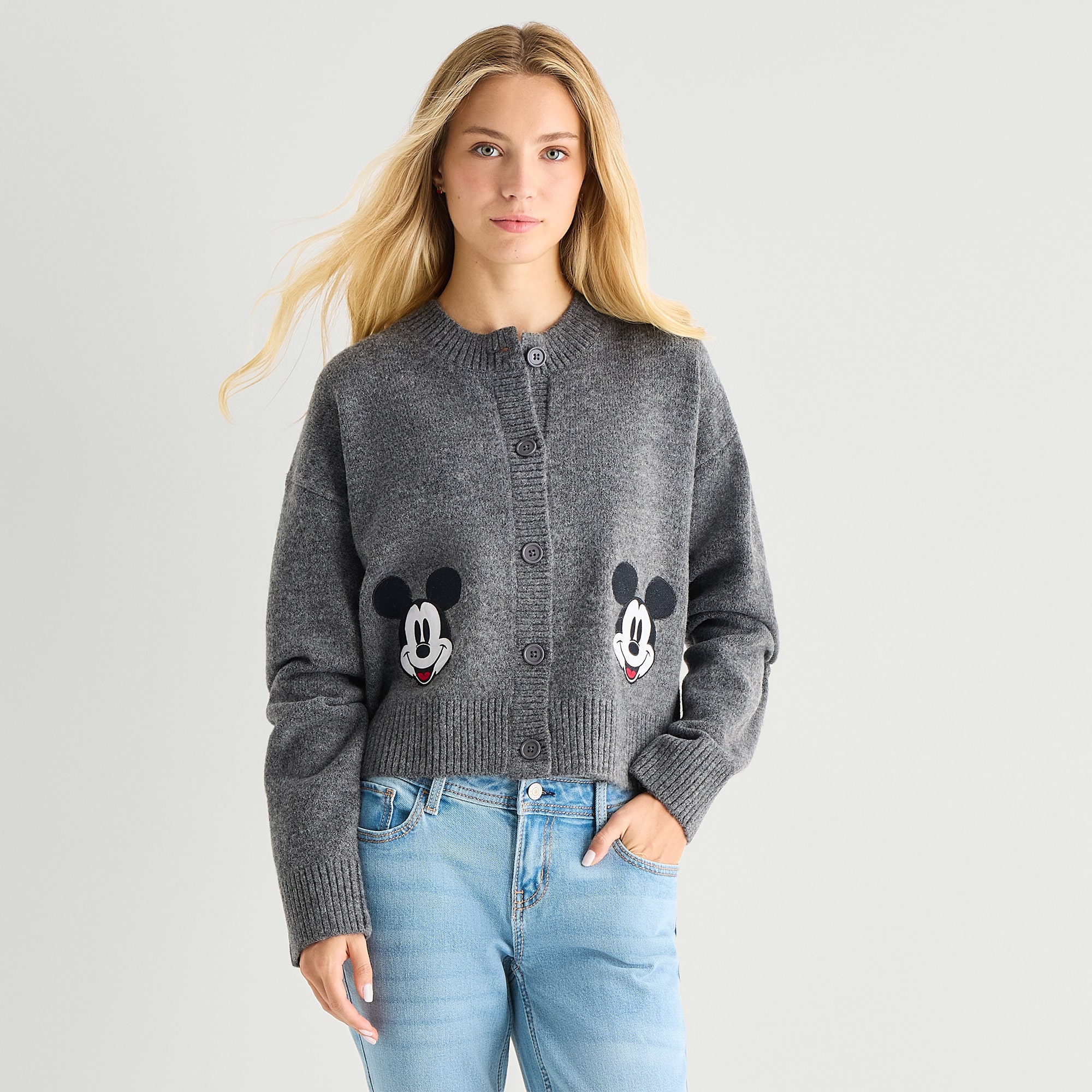 Grayson Threads, The Label Mickey Mouse Cardigan\N Womens Crew Neck Long Sleeve Button Juniors Cardigan