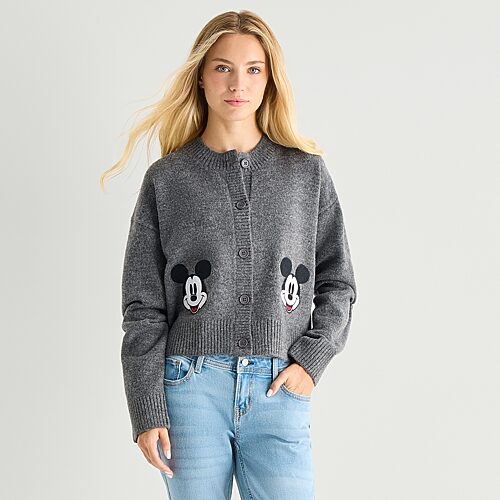 Grayson Threads, The Label Mickey Mouse Cardigan\n Womens Crew Neck Long Sleeve Button Mickey Mouse Juniors Cardigan In Gray