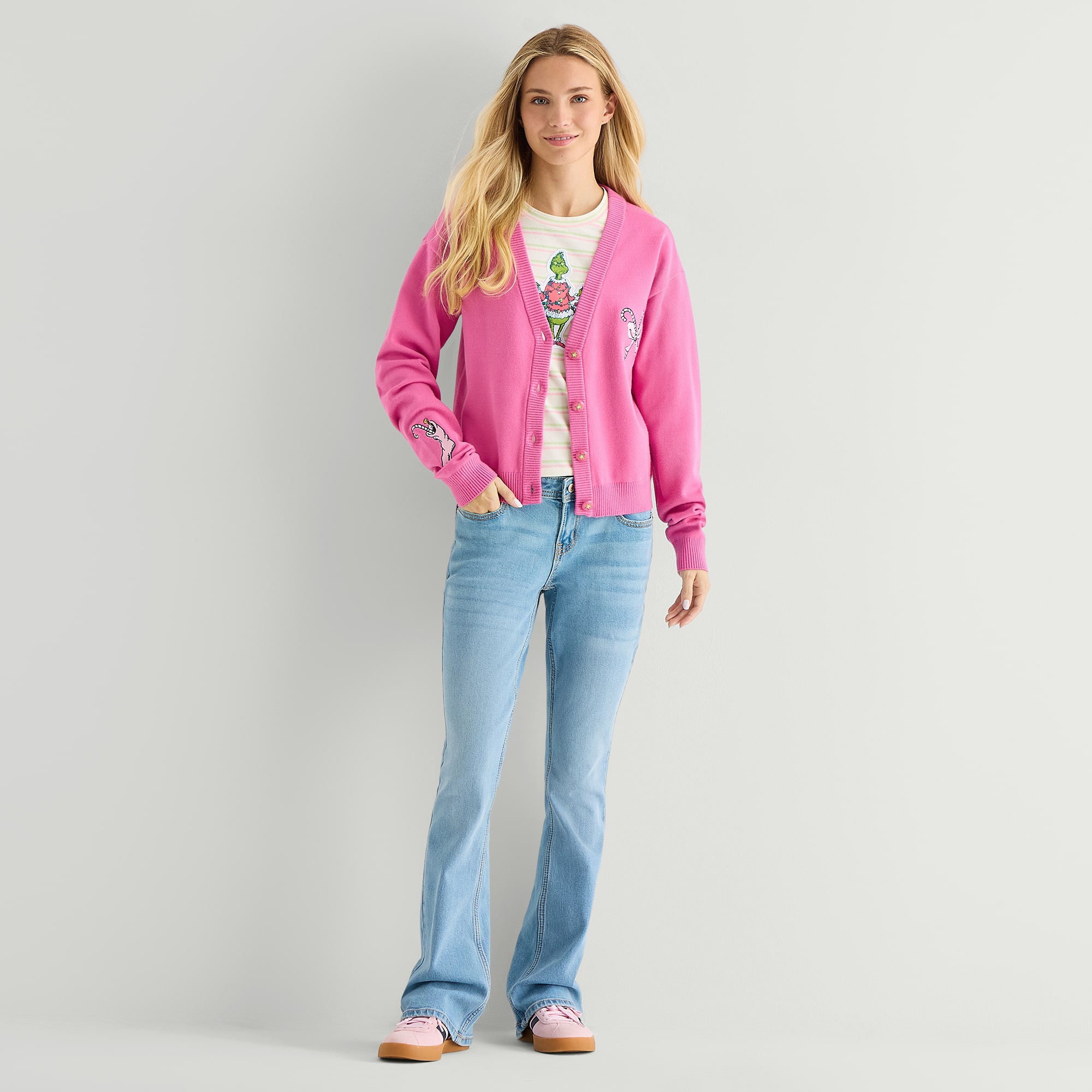 Womens Hooded Long Sleeve Button Grinch Juniors Cardigan