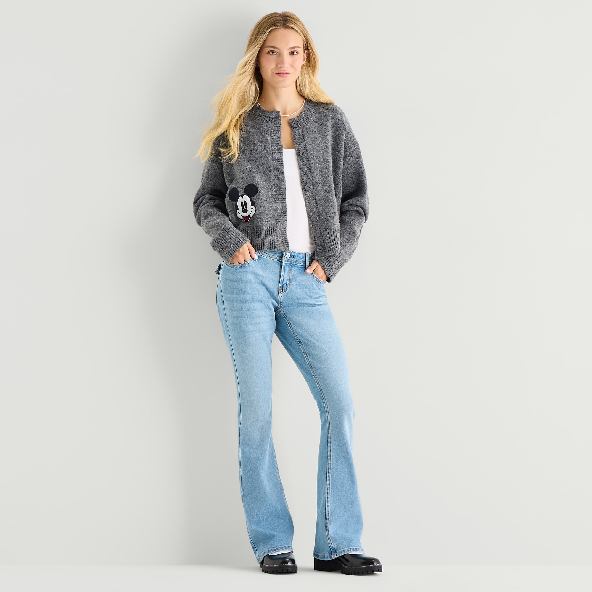 Grayson Threads, The Label Mickey Mouse Cardigan\N Womens Crew Neck Long Sleeve Button Juniors Cardigan