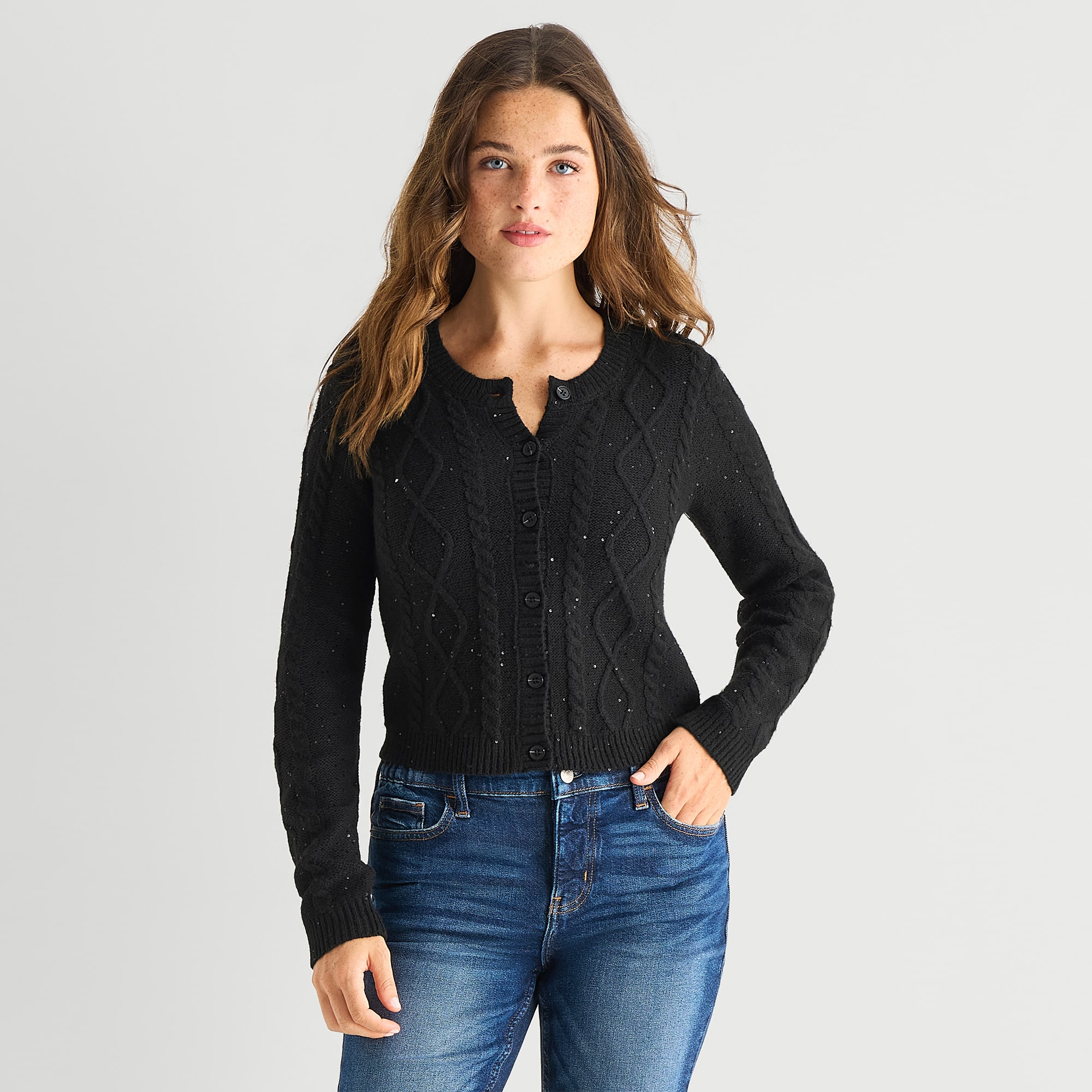 Arizona Womens Juniors Crew Neck Long Sleeve Button Cardigan