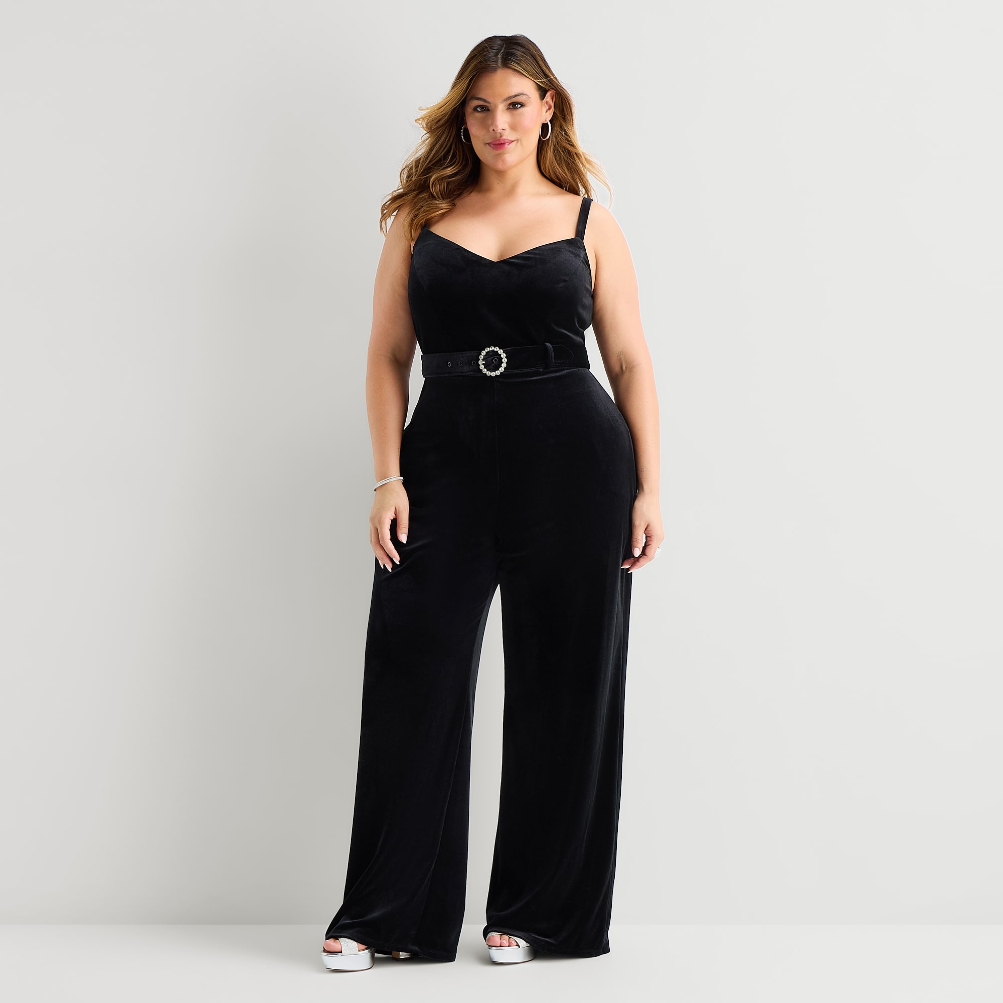Premier Amour Womens V Neck Sleeveless Belted Plus Jumpsuit