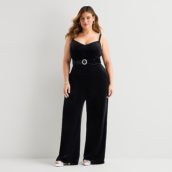 Premier Amour Womens V Neck Sleeveless Belted Plus Jumpsuit