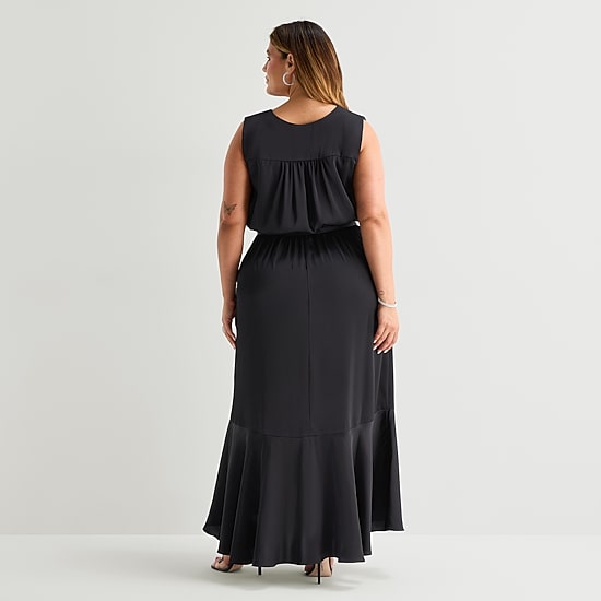 Premier Amour Womens Plus High-Low V Neck Sleeveless Satin Evening Gown