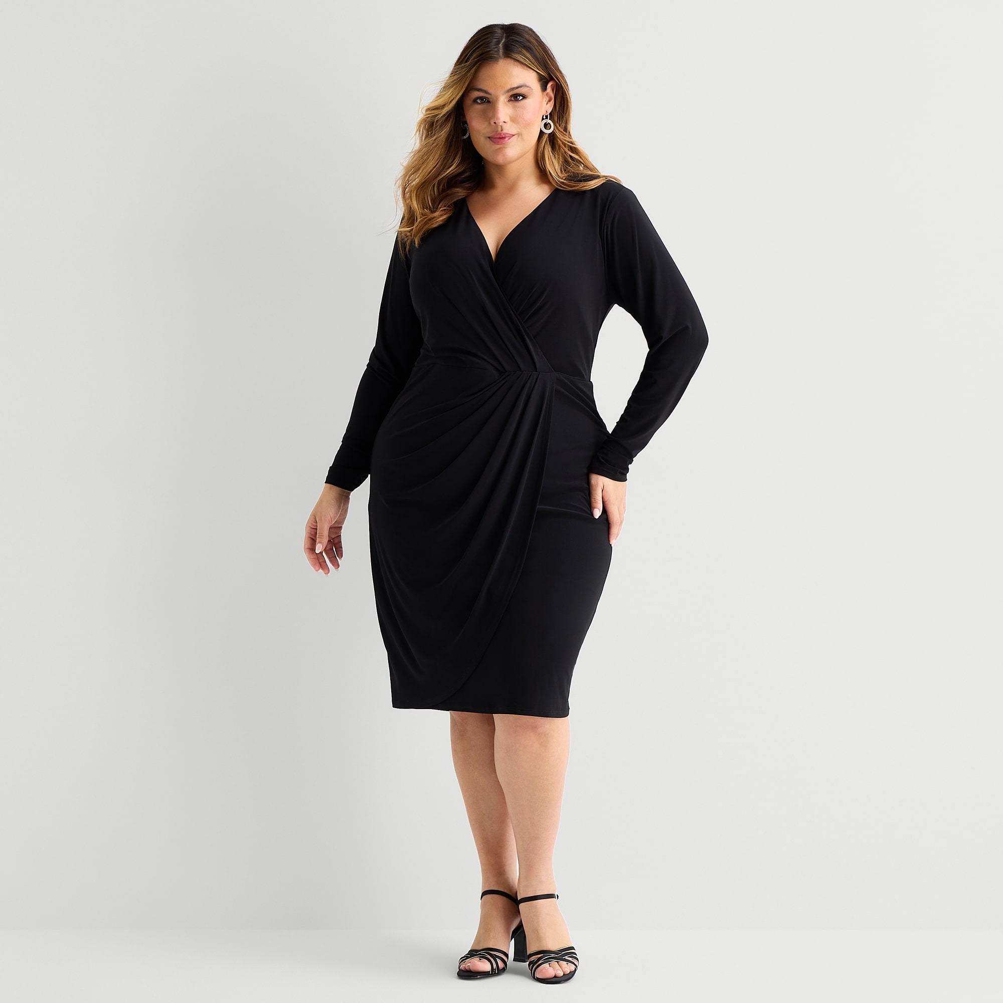 Premier Amour Womens Plus V Neck Long Sleeve Sheath Dress