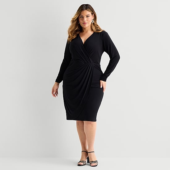 Premier Amour Womens Plus V Neck Long Sleeve Sheath Dress