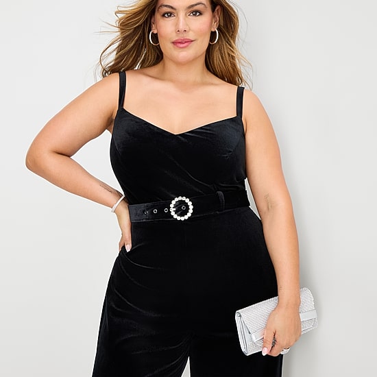Premier Amour Womens V Neck Sleeveless Belted Plus Jumpsuit