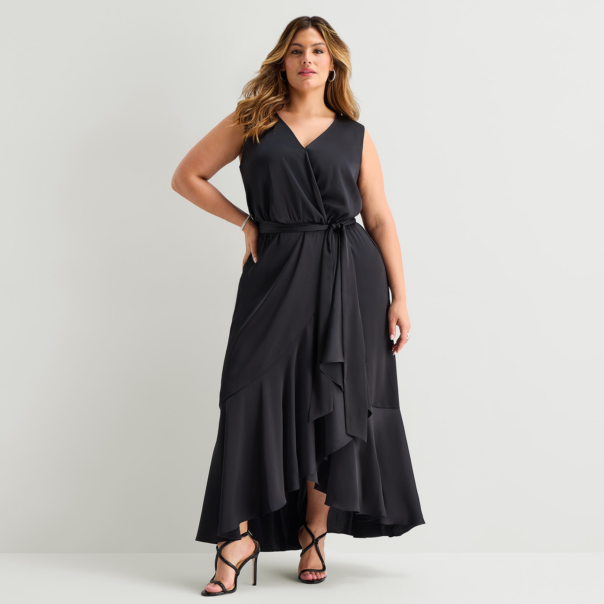 Premier Amour Womens Plus High-Low V Neck Sleeveless Satin Evening Gown