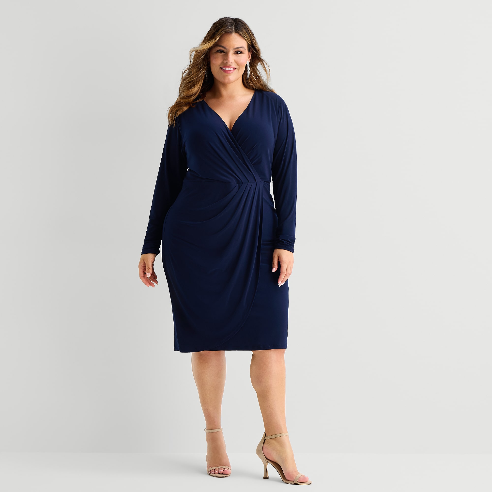 Premier Amour Womens Plus V Neck Long Sleeve Sheath Dress