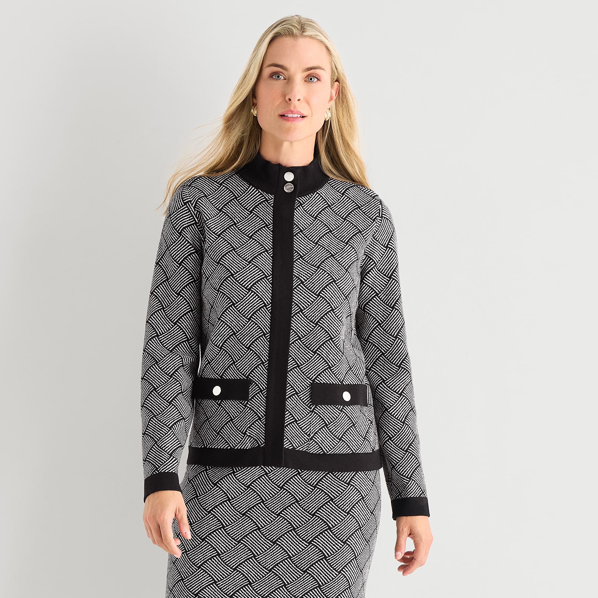 Black Label by Evan-Picone Womens High Neck Long Sleeve Zipper Cardigan