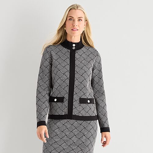 Black Label by Evan-Picone Womens High Neck Long Sleeve Zipper Cardigan, Large, Black