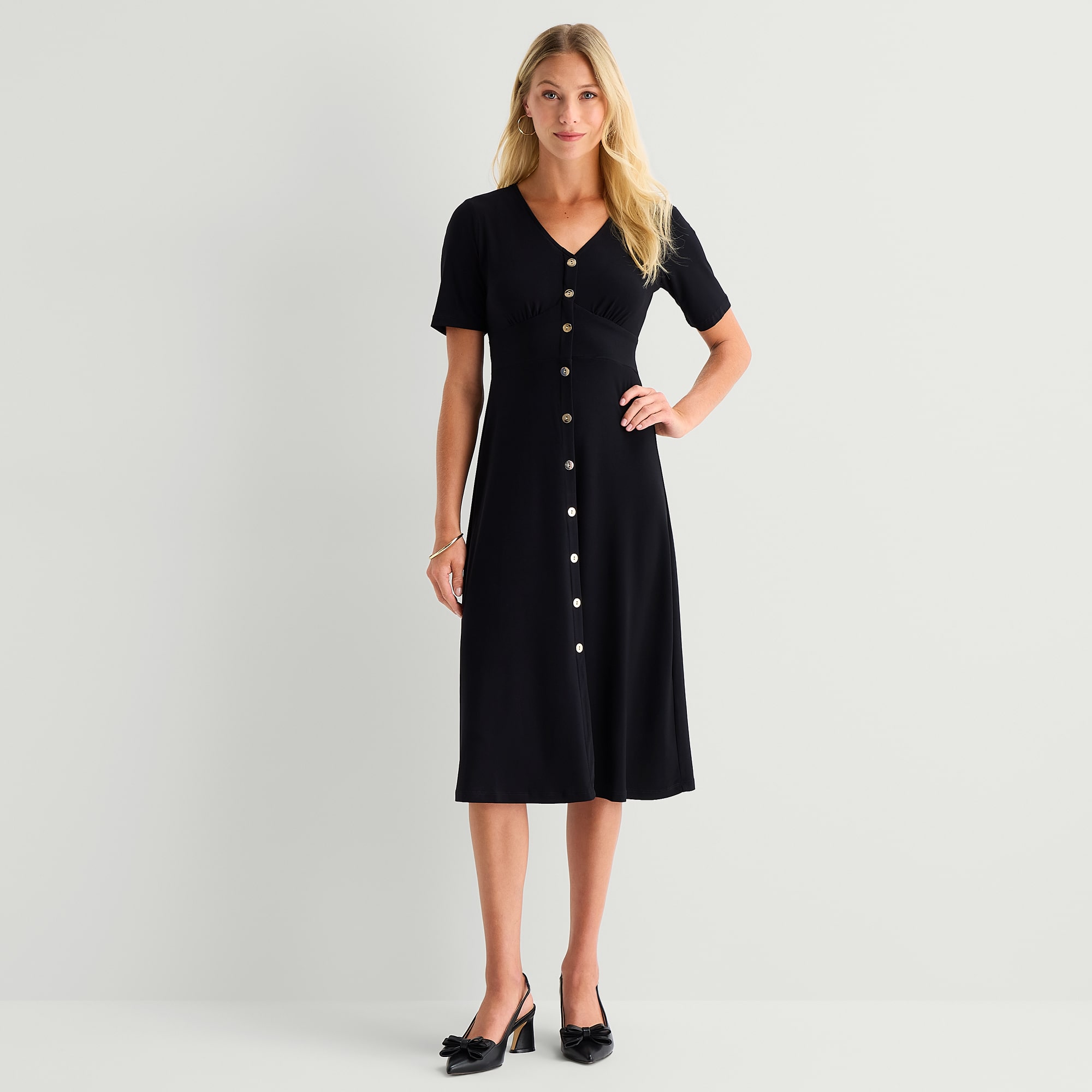 MSK Womens Petite Midi V Neck Long Sleeve Fitted Fit + Flare Dress