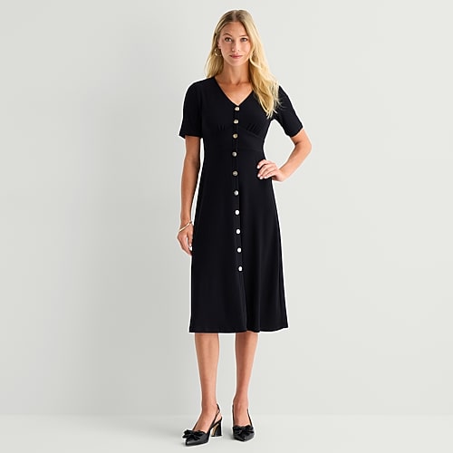 Msk Womens Petite Midi V Neck Long Sleeve Fitted Fit + Flare Dress In Black