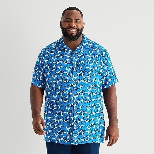 St. John's Bay Button-down Mens Short Sleeve Breathable Big And Tall Camp Shirt In Blue