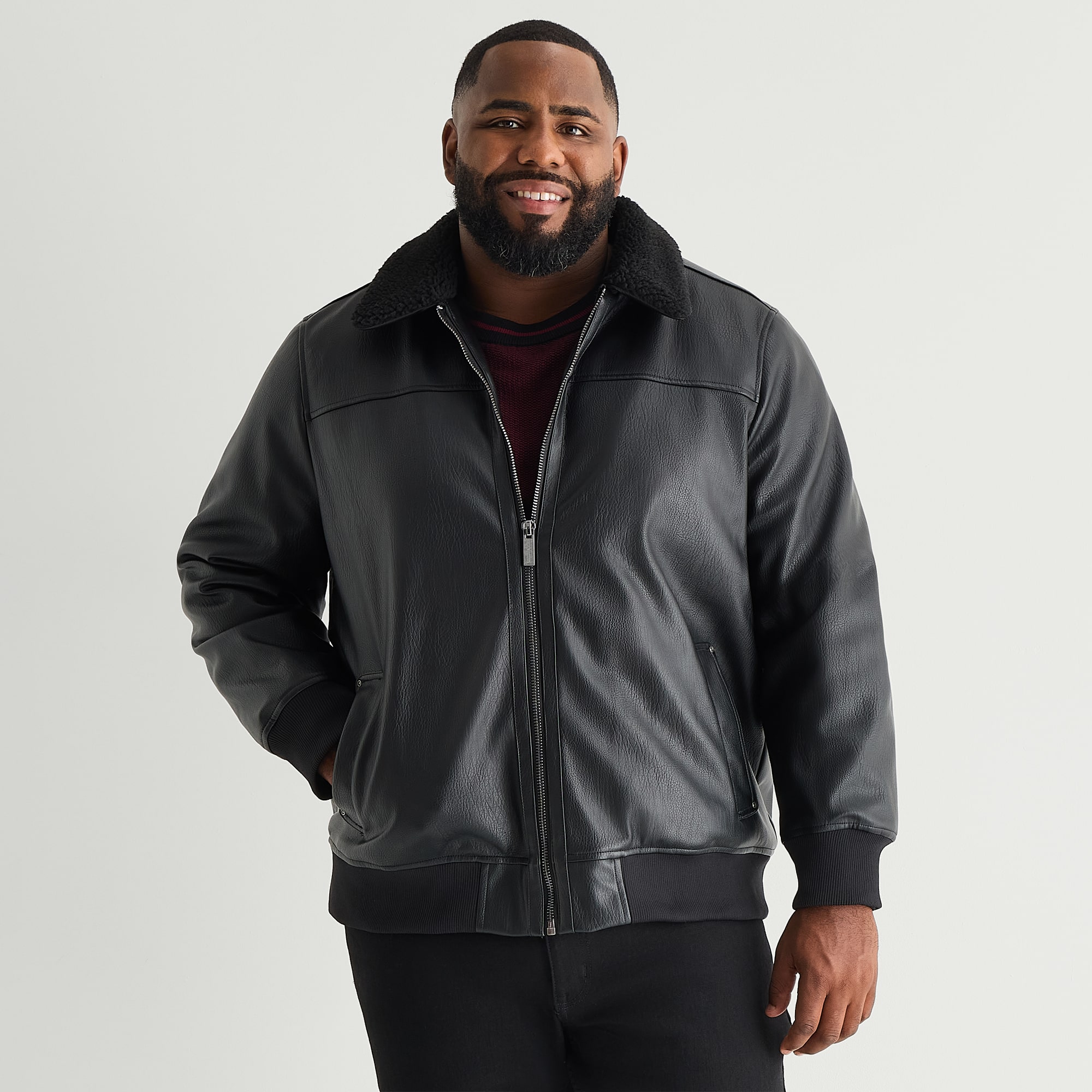 Shaquille O'Neal XLG™ Sherpa Collar Mens Faux Leather Midweight Bomber Jacket