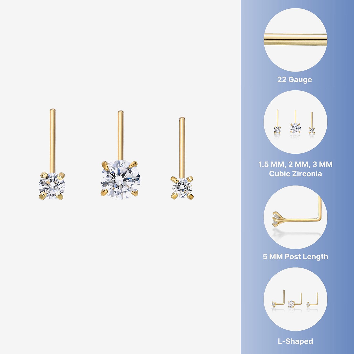 3-pc. Cubic Zirconia 14K Gold Nose Ring