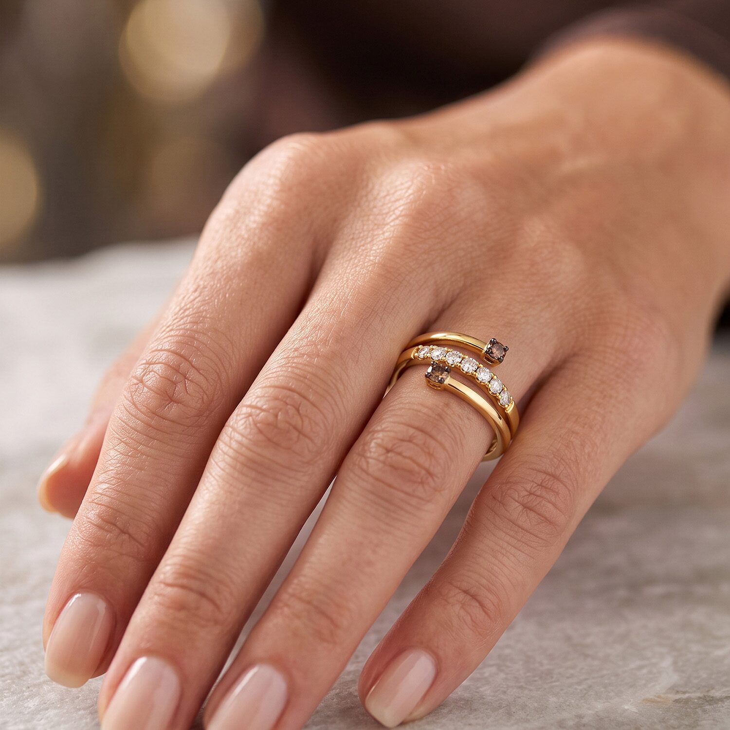 Levian Corp Le Vian (Champagne / Si2) Womens 1/3 CT. T.W. Natural Champagne Diamond 14K Gold Bypass  Cocktail Ring