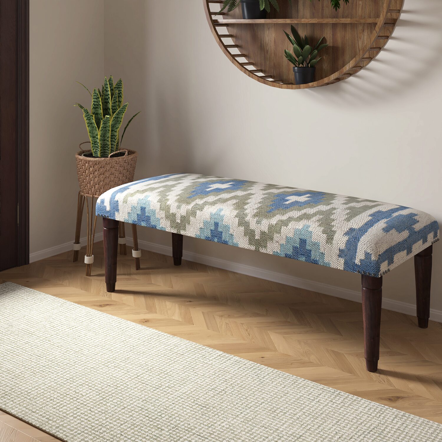 LR Home Luna Contemporary Upholstered Geometric Bench in Blue/Sage