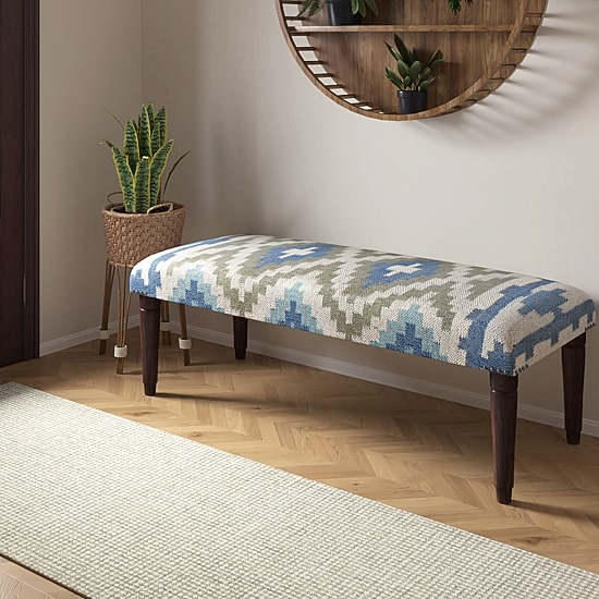 LR Home Luna Contemporary Upholstered Geometric Bench in Blue/Sage