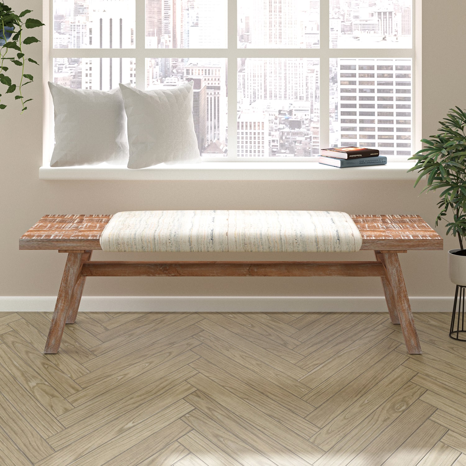 LR Home Sophia Farmhouse Upholstered Stripe Bench in Brown