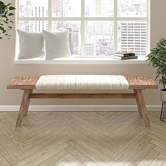 LR Home Sophia Farmhouse Upholstered Stripe Bench in Brown