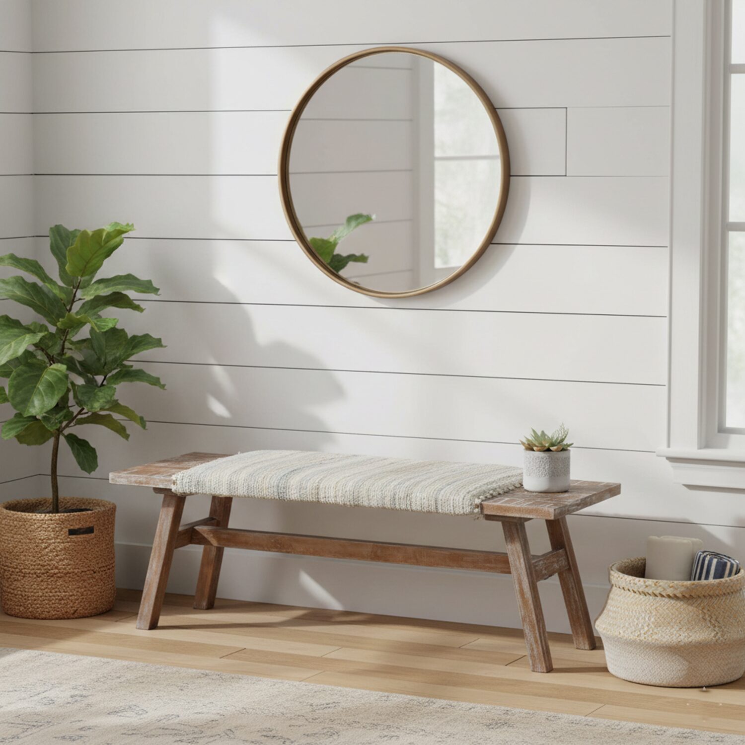 LR Home Sophia Farmhouse Upholstered Stripe Bench in Brown