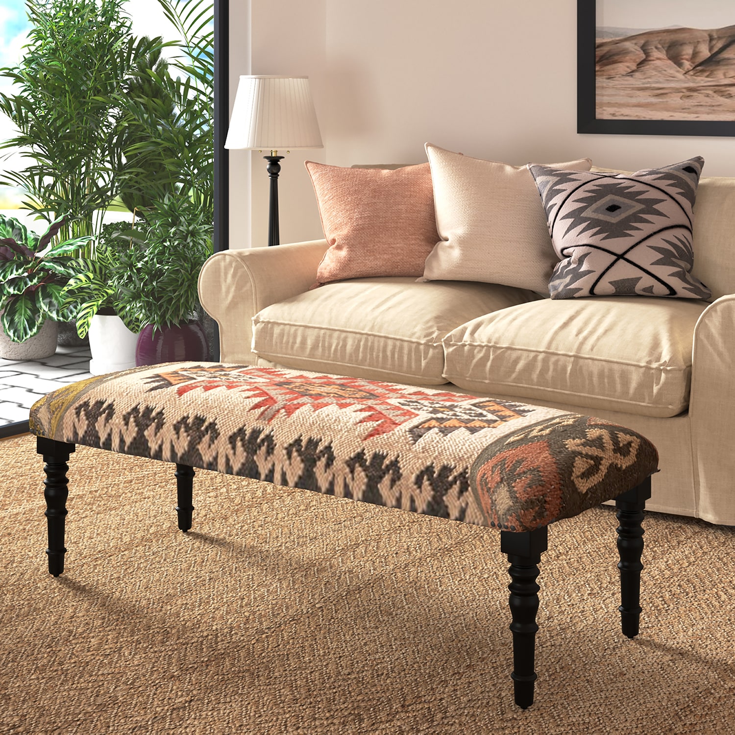 LR Home Ivy Southwest Upholstered Jute Bench in Beige/Multi