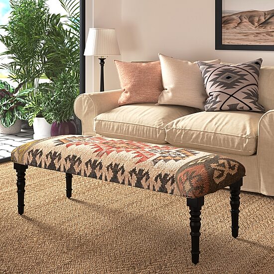 LR Home Ivy Southwest Upholstered Jute Bench in Beige/Multi