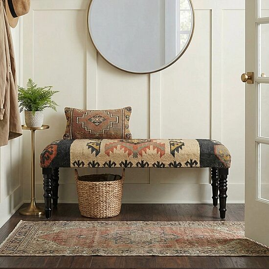 LR Home Ivy Southwest Upholstered Jute Bench in Beige/Multi