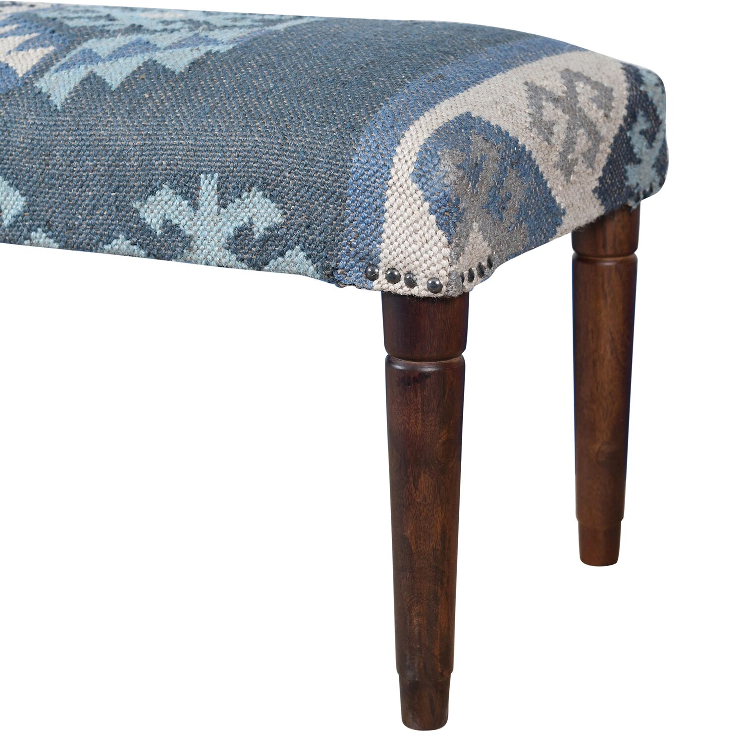 LR Home Luna Contemporary Upholstered Kilim Bench in Blue/Ivory