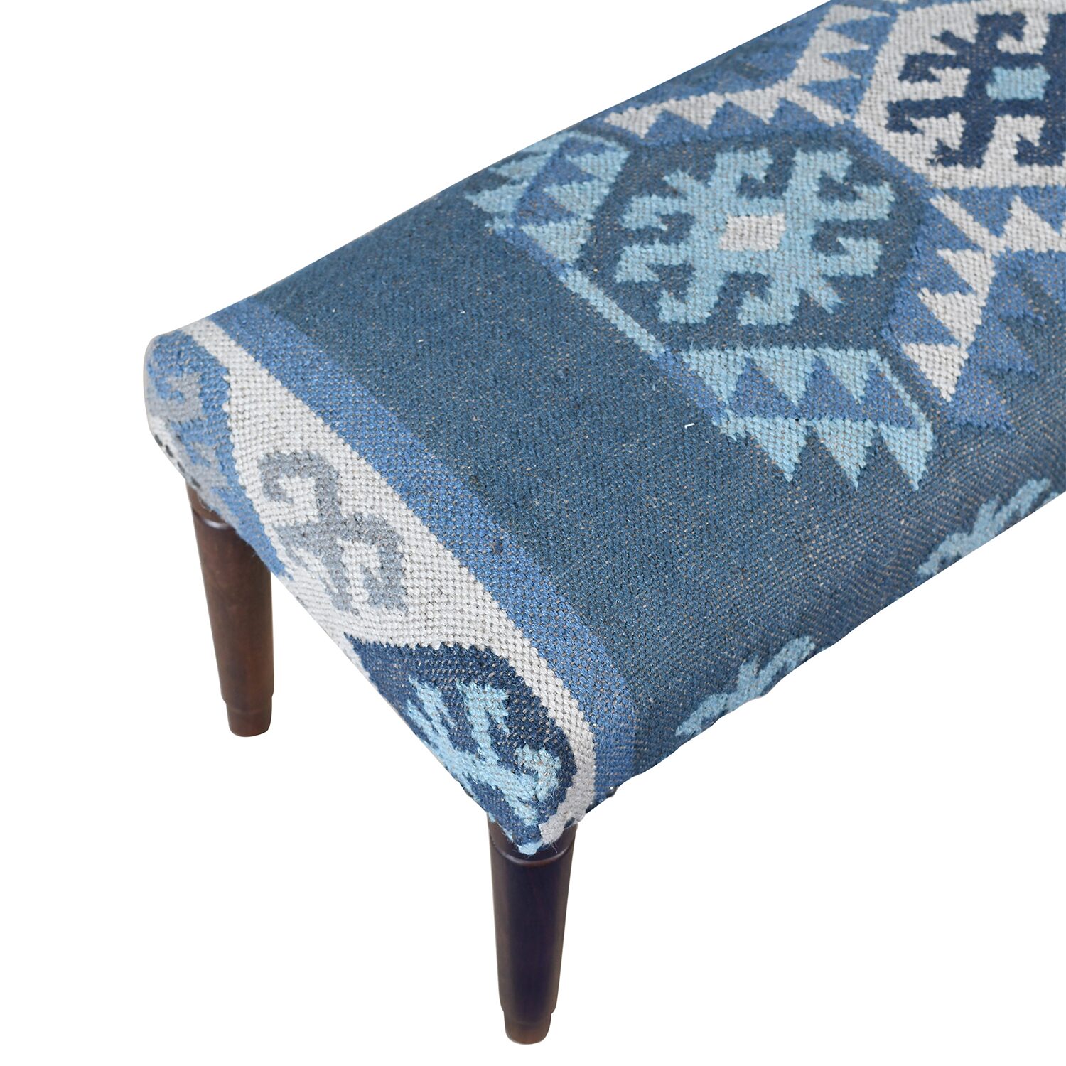 LR Home Luna Contemporary Upholstered Kilim Bench in Blue/Ivory