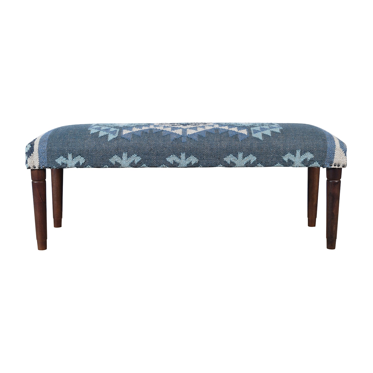 LR Home Luna Contemporary Upholstered Kilim Bench in Blue/Ivory