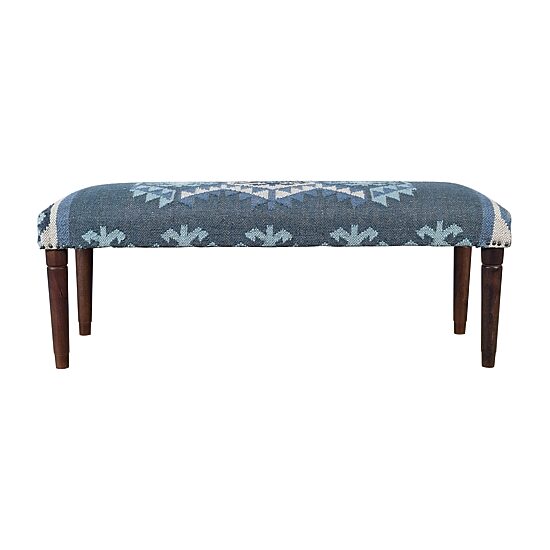 LR Home Luna Contemporary Upholstered Kilim Bench in Blue/Ivory