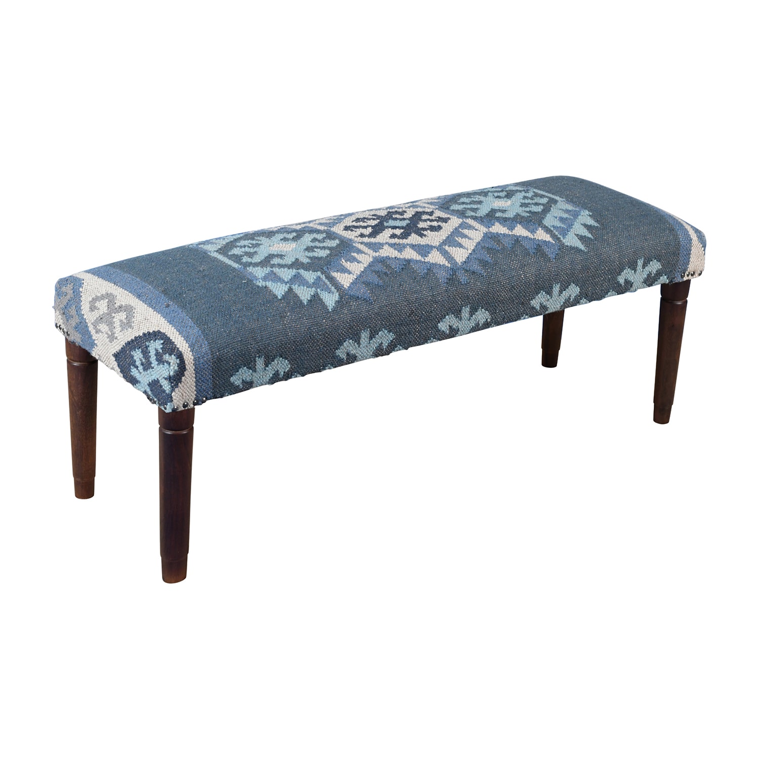 LR Home Luna Contemporary Upholstered Kilim Bench in Blue/Ivory