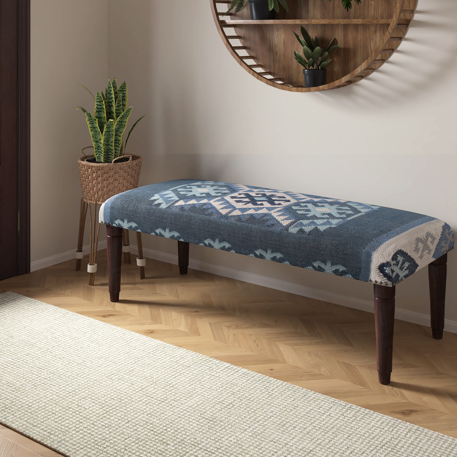 LR Home Luna Contemporary Upholstered Kilim Bench in Blue/Ivory
