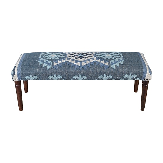 LR Home Luna Contemporary Upholstered Kilim Bench in Blue/Ivory
