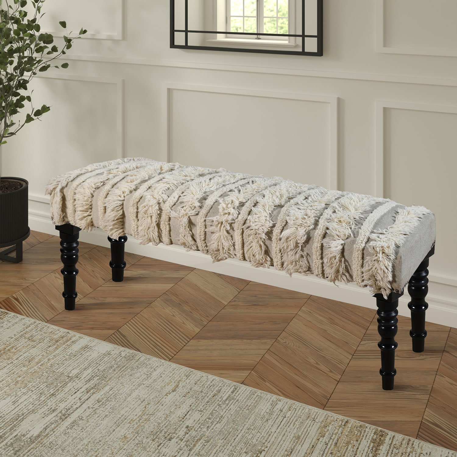 LR Home Zoe Farmhouse Upholstered Stripe Bench Cream