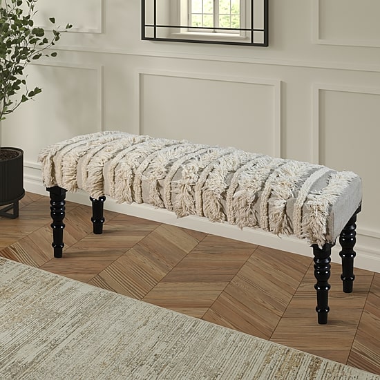 LR Home Zoe Farmhouse Upholstered Stripe Bench in Cream