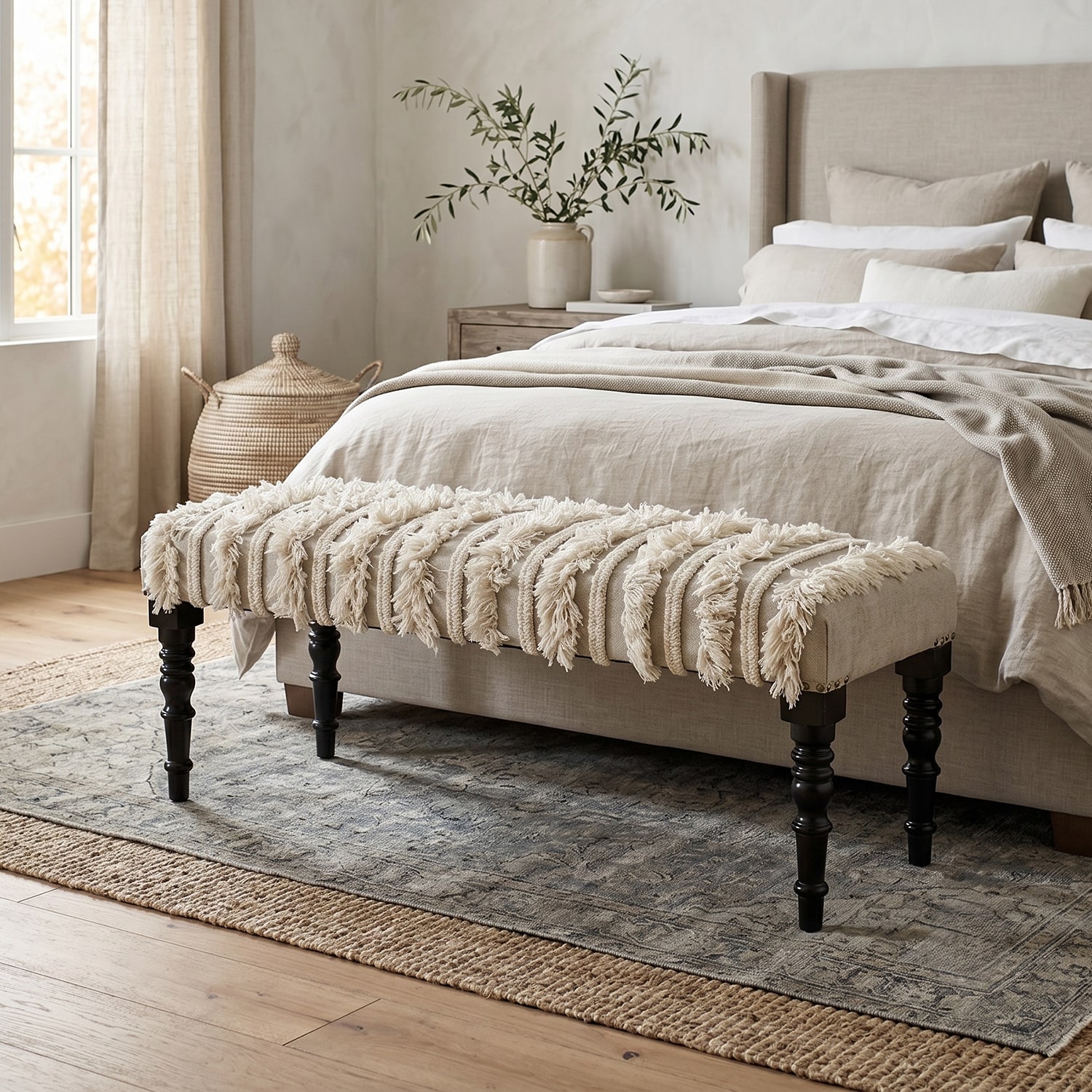 LR Home Zoe Farmhouse Upholstered Stripe Bench Cream
