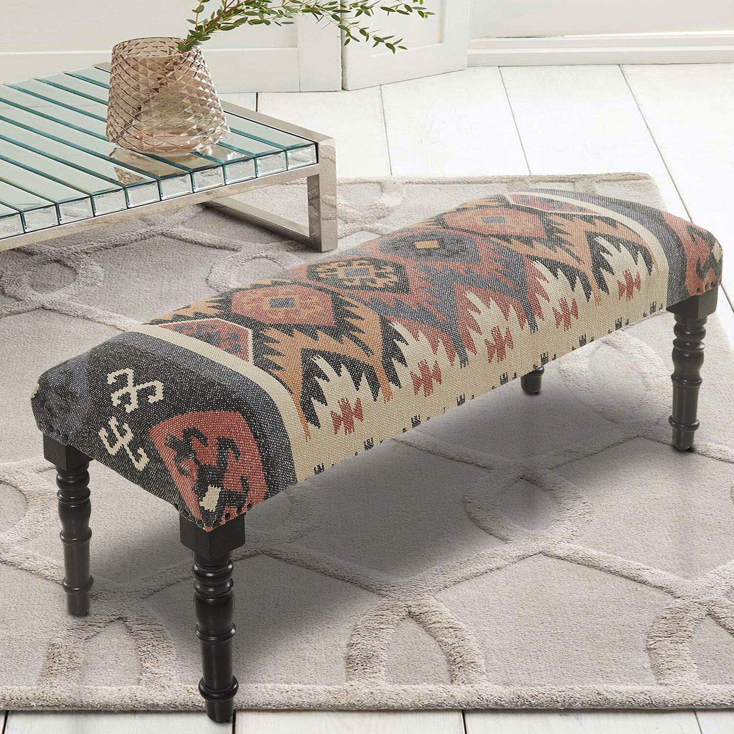 LR Home Zoe Contemporary Upholstered Abstract Bench in Ivory
