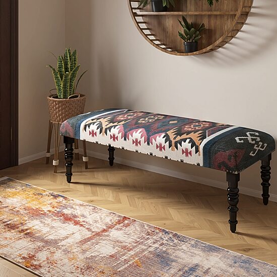 LR Home Zoe Contemporary Upholstered Abstract Bench in Ivory