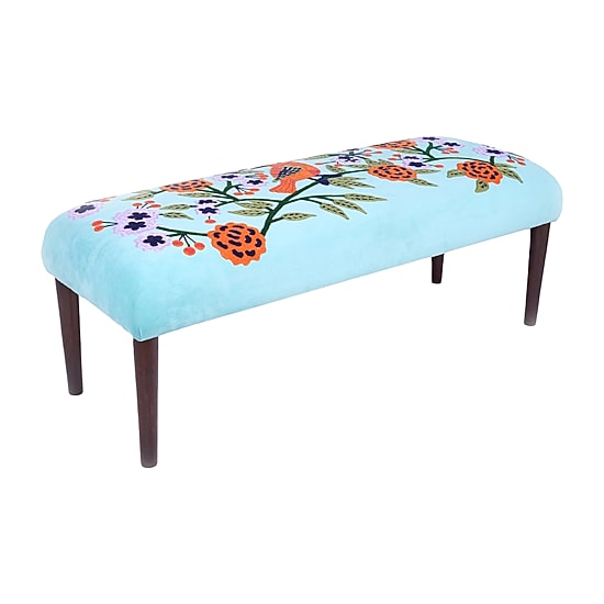 LR Home Nova Contemporary Embroidered Upholstered Velvet Bench