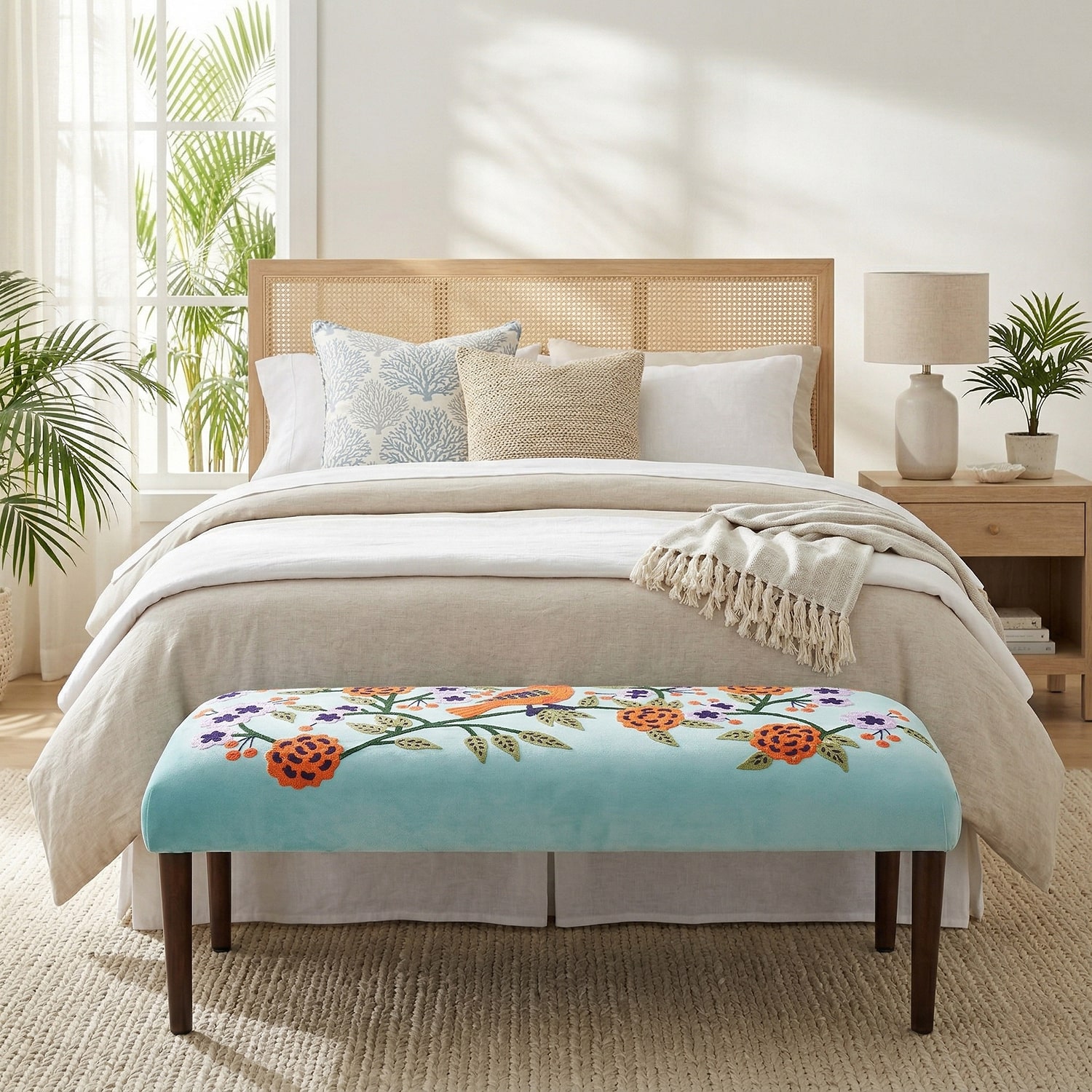 LR Home Nova Contemporary Embroidered Upholstered Velvet Bench