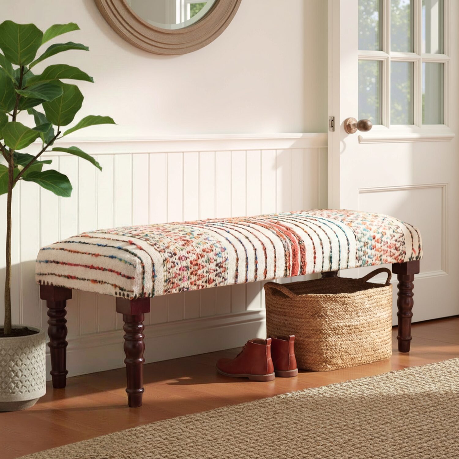 LR Home Scarlett Contemporary Upholstered Geometric Bench in Gray