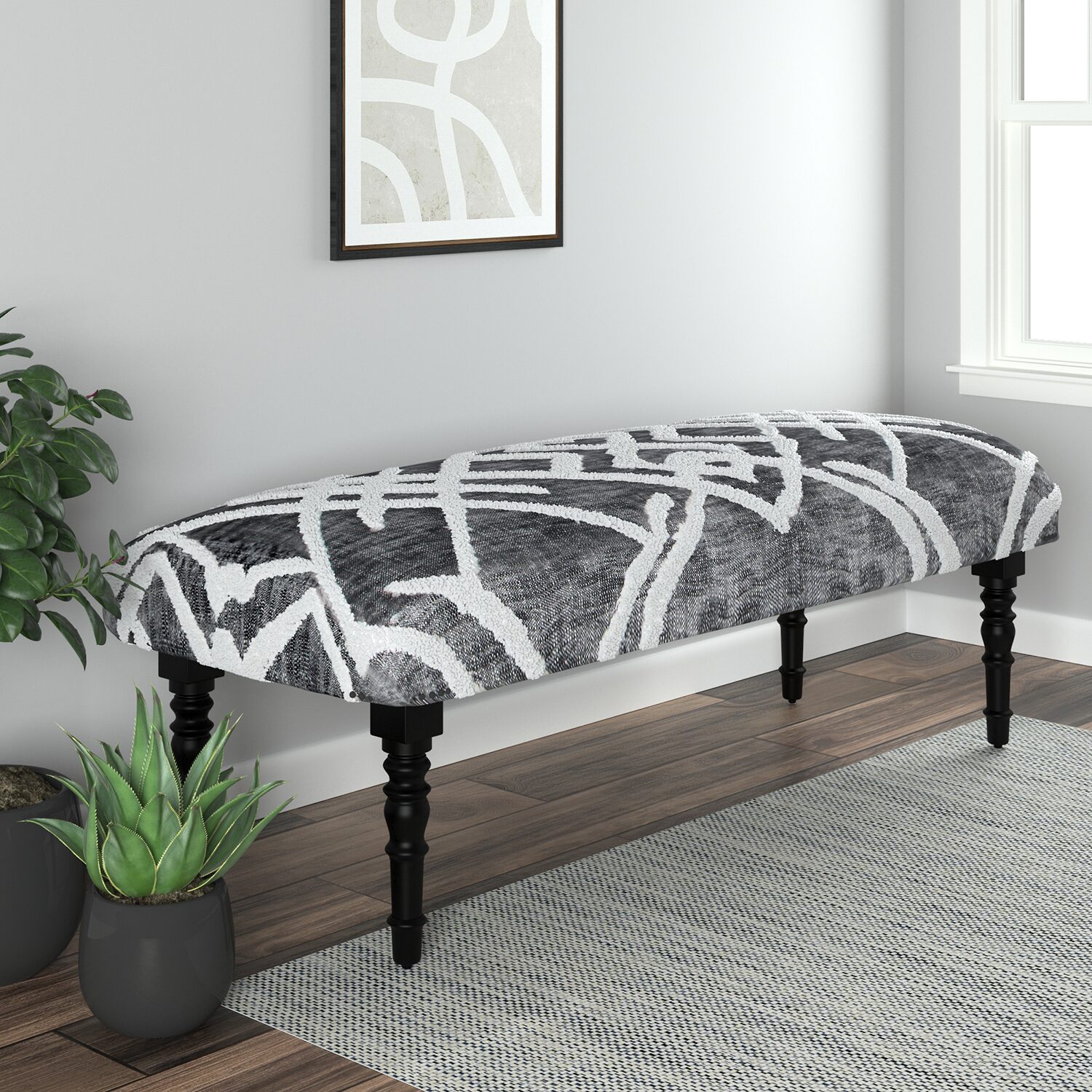 LR Home Scarlett Contemporary Upholstered Stripe Bench in Blue
